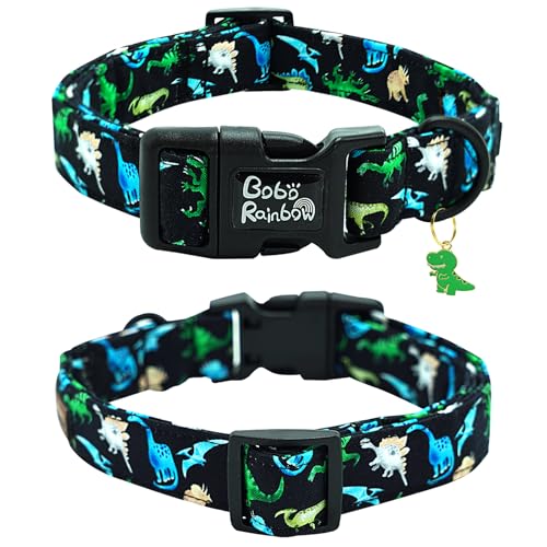 Image of Dog Collar-Black Dinosaur Adjustable Pet Collars Comfortable Spring Summer Puppy Collar Cute Durable Cotton Collars for Large Dogs