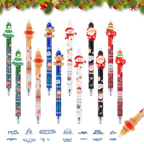 12 bolígrafos borrables de Navidad, bolígrafos retráctiles con tinta gel, artículos de papelería navideños para niños con muñecos de nieve y renos