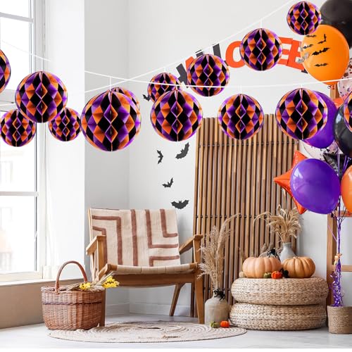 Image of Dunzoom 12 Pcs Halloween Party Decorations Set 6 inch 8 inch 10 inch 12 inch Birthday Honeycomb Balls Party Decorations Purple Orange Black Hanging Round Tissue Paper Pom Poms for Halloween Garden Home Decor
