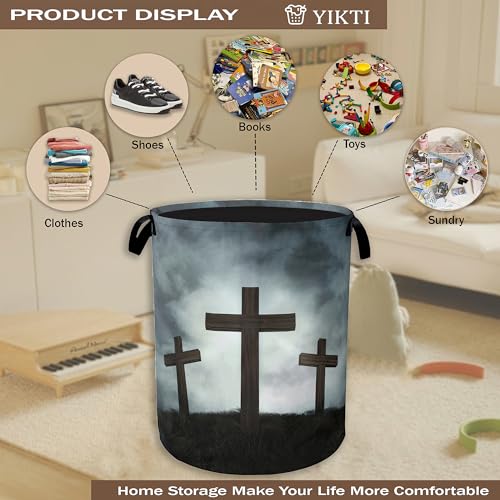 Image of Three Wood Crosses Laundry Hamper,Easter Collapsible Laundry Baskets,Waterproof Oxford Cloth Laundry Room Organization for Bedroom,Bathroom,Nursery,16x20 Inch