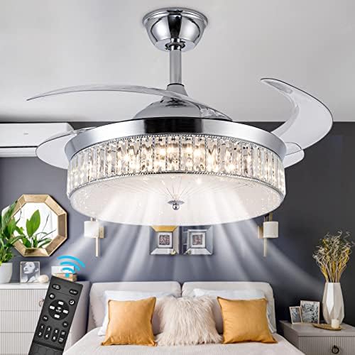 42" Fandelier Invisible Ceiling Fan Chandelier with Light, Modern Crystal Ceiling Fan Light Remote Control 4 Retractable ABS Blades for Bedroom Living Room Dining Room Decoration