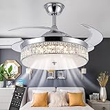 Bavnnro 42" Retractable Crystal Ceiling Fans with Lights, Stepless Dimmable Chandelier Ceiling Fans Remote Control Invisible Blades, Reversible Fandelier Fans for Living Room Bedroom