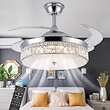 Crystal Ceiling Fans with Lights,42 Inch LED 3 Color Remote Control Retractable Invisible Blades 3 Speeds Indoor Ceiling Light Kits with Fans for Decorate Living Room Bedroom