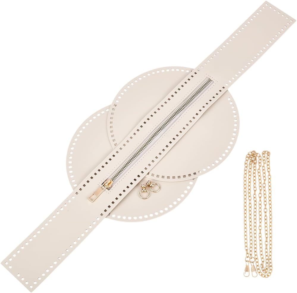 CALFOVERA PU Leather Handbag Making Kit Round Backpack Purse Base Handmade Crochet Zipper Chain Strap for Crossbody Bag with Zipper (Beige)