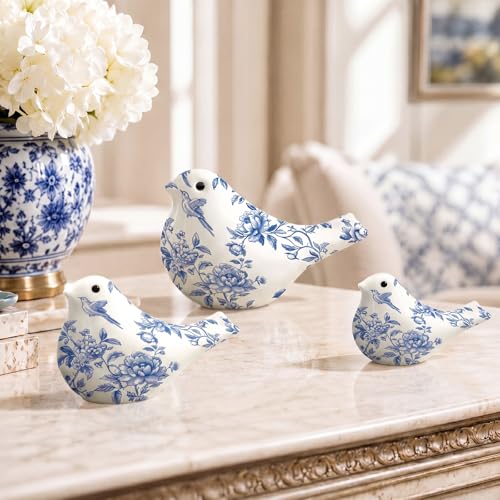DoubleFill 3 Pack Blue and White Chinoiserie Ceramic Bird Figurines
