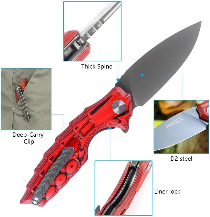 7.51" Pocket Folding Knife- D2 Blade and G10 Handle(Red Feather Pattern) EDC Knife with Pocket Clip, Liner Lock and Waterproof Box, Good for Survival Camping, Outdoor, Hiking, Hunting