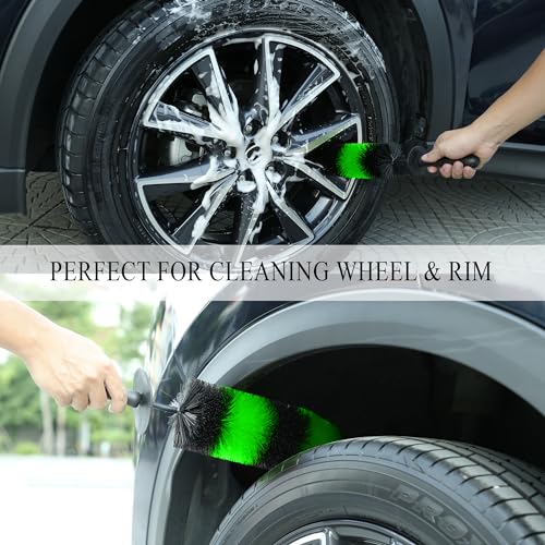 TAKAVU Master Wheel & Tire Brush, Easy Reach Wheel and Rim Detailing Brush Long Soft Bristle, Car Tire Brush, Wheel Scrub Brush, Multipurpose use for Wheels Rims Exhaust Tips Motorcycles (Green) - Thumbnail 6