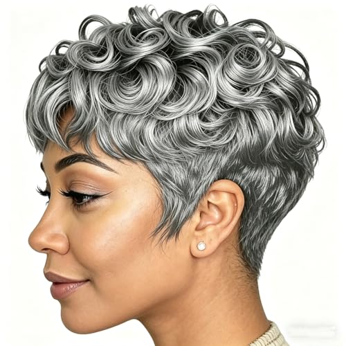 BingSing Short Wig for Black Women Grey Pixie Cut Wig Synthetic Curly Wig