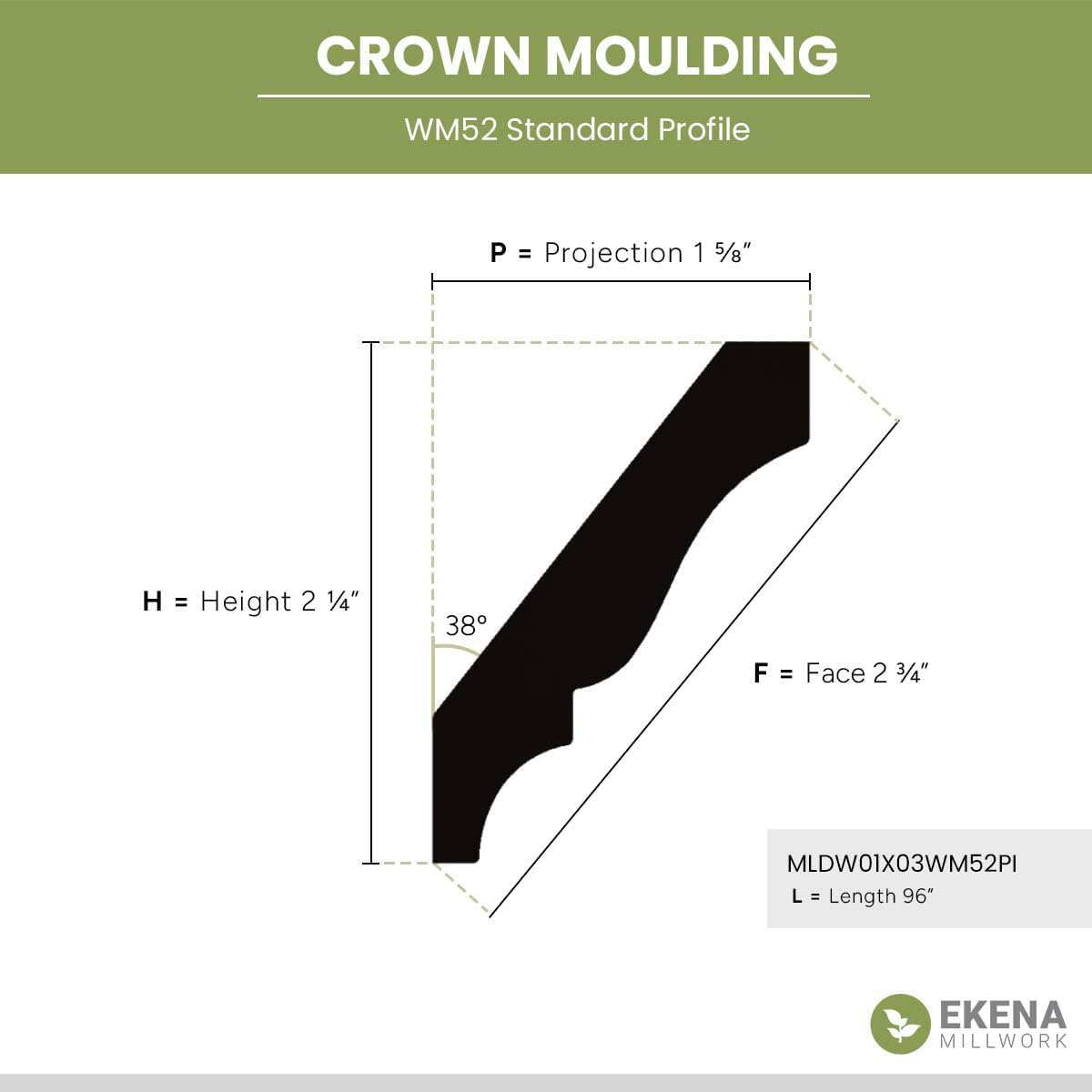 WM52 - Americraft Crown Solid Wood Moulding, 2 1/4"H x 1 1 5/8"P x 2 3/4"F x 96"L, Stain Grade Pine