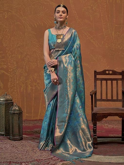 Womens Kanjivaram Silk Saree with Zari Woven Saree With Blouse Piece