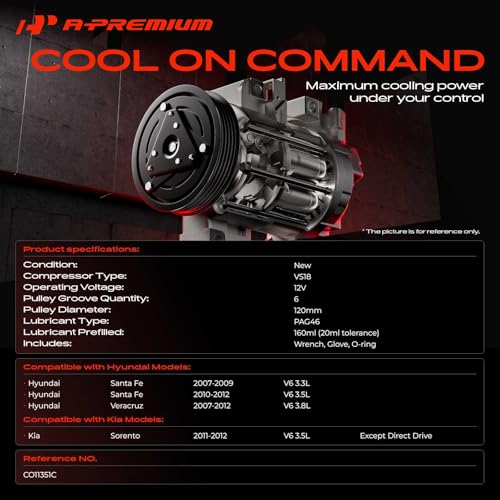 A-Premium Air Conditioner AC Compressor with Clutch Compatible with Kia Sorento 2011-2012, Hyundai Santa Fe Veracruz 2007-2012, 3.3L 3.5L 3.8L by A-premium - Image 2