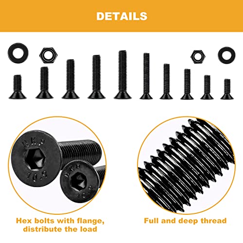 M6-1.0 M8-1.25 Flat Countersunk Hex Head Socket Cap Screws, 10.9 Grade Alloy Steel, Vigrue 205Pcs Metric Internal Hex Screws Bolts Nuts Washers Assortment Kit, Full Coarse Thread Unc #TOP3