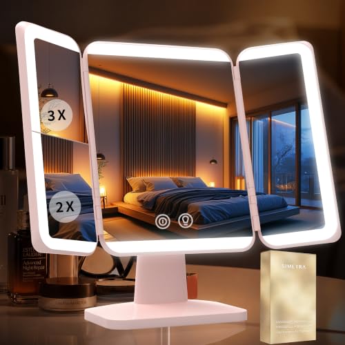SIMETRA 15.6'' Rechargeable Makeup Mirror with Lights, 156 LED Magnification Vanity Mirror with 3 Colors Lights, 3000mAh Lighted Mirror, Touch Control Trifold Mirror for Women Travel Desk