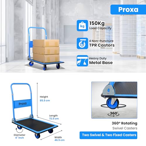 Image of Proxa 150 kg Steel Foldable Platform Trolley | Heavy Duty Material Handling Cart with 4 Inch Wheels | Portable Goods Trolley for Warehouse, Office, Home & Industry Use (72.5 x 46.5 x 85.5 cm)