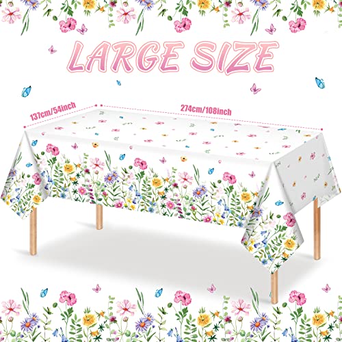 4Pcs Spring Floral Tablecloth,Watercolor Pink Purple Blue Flower Butterfly Plastic Table Cover For Home Decor, Summer Spring Picnic, Dining, Holiday, Weeding,Tea Party Supplies Decorations,54x108 Inch