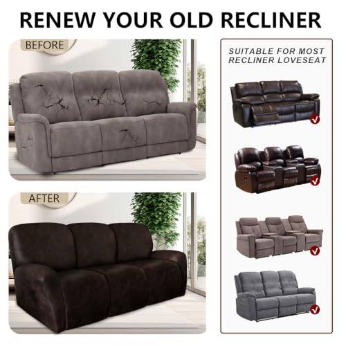 Image of ANARACHON Leather Look Recliner Couch Cover 8-Piece Recliner Sofa Slipcovers 3 Seater for Reclining Couches Furniture Protector Spandex Fabric Washable (Recliner Sofa, 02Coffee)