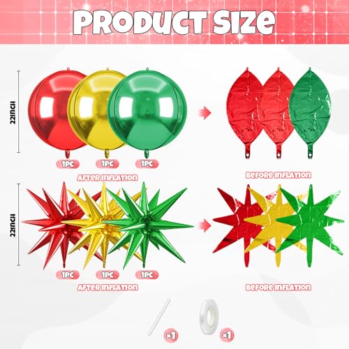 Image of 6pcs 22 inch Red Green Gold Star Balloons and 4D Large Foil Balloons, Red Green Star Balloon Gold 4D Foil Aluminum Balloon For Christmas Birthday Baby Shower Party Wedding Anniversary Engagement Decor