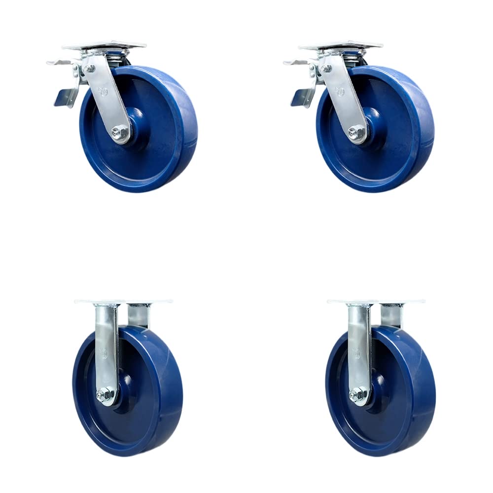 Heavy Duty Swivel Caster Set of 4 with 8 Inch Solid Polyurethane Wheels and Ball Bearings - Includes 2 Swivel with Total Lock Brakes and 2 Rigid – 4,800 lbs. Total Capacity - Service Caster Brand