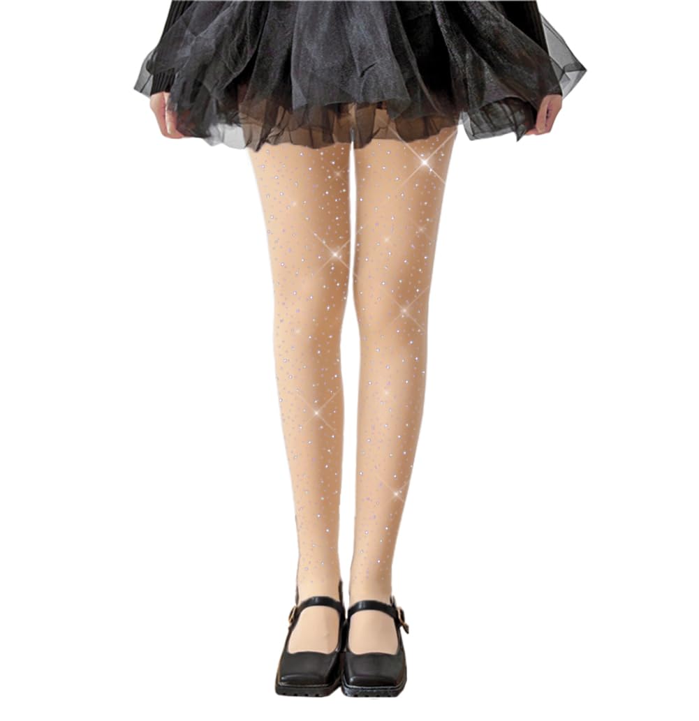 LUCKELF Glitter Tights for Girls, Soft, Opaque, Sparkling, Rhinestone, School Dress, Dance Tights, skin-coloured, 4-6 Jahre
