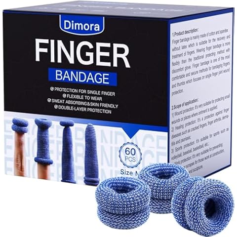 Dimora Finger Cots, 60Pcs Finger Protectors for Finger Tips, Breathable Finger Bandages for Wounds Care, Elastic Finger Gloves for Cargo Handling, Gardening Work, Fitness, Medium, Blue Cover
