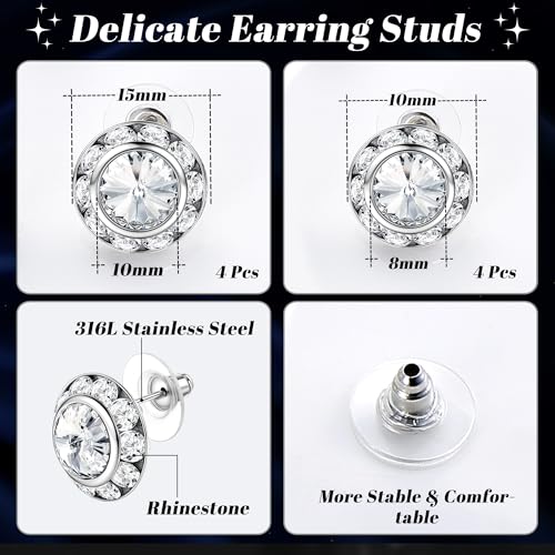 THUNARAZ 8 Pairs Dance Competition Rhinestone Earrings 10mm 15mm | Women Round Halo Earring Studs for Dance Competitions Stage Opera Party Performance Wedding Bridal Earrings Jewelry2