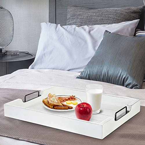 Mygift 20 X 14 Inch Vintage White Wood Serving Tray, Farmhouse Rectangular Breakfast Tray, Decorative Ottoman Coffee Table Tray With Modern Black Metal Handles #TOP2