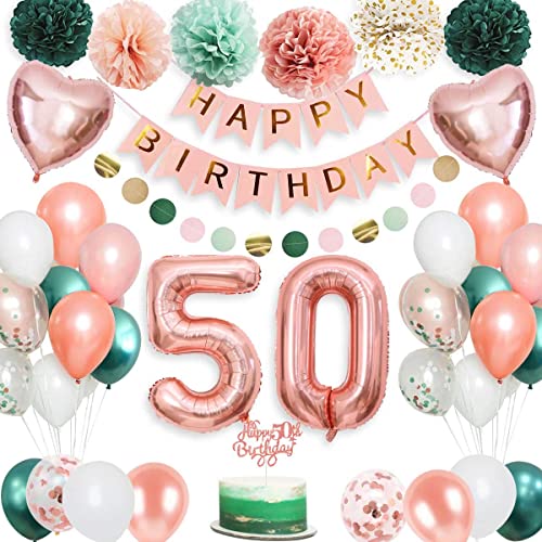 Decoration Anniversaire 50 Ans Femme, Anniversaire Ballon 50 Ans Or Rose Vert, Deco Anniversaire 50 Ans Femme Décoration 50 Ans PomPoms en Papier, Ballons 50 Ans Feuille pour Femmes Cover