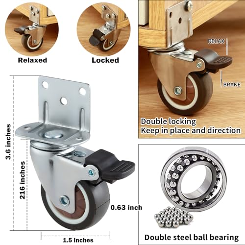 Gcfoir GF3684-4 1.5 Inches Side Mount Caster Wheels Set Of 4 L-Shaped Rubber Small Locking Swivel Caster Heavy-Duty Double Plate Castor thumb #3