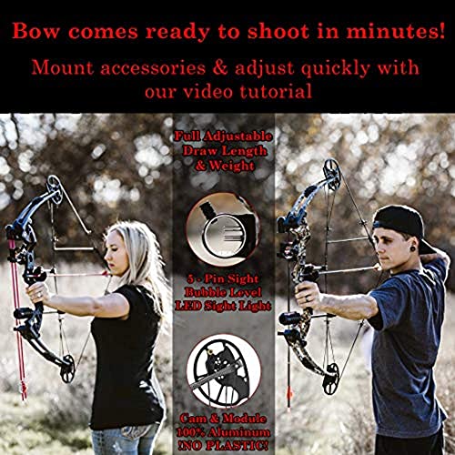 Compound Bow For Adults, Right & Left Hand, Hunting Kit: 5 Pin Lighted Sight, Rest, Quiver, String Stop, Stabilizer, Shock Absorption, Allen Tool, Draw Weight And Cams Fully Adjustable, Target Sheets. #TOP2