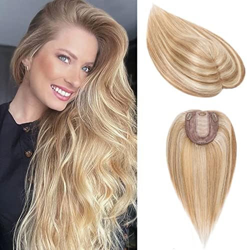 S-noilite Hair Toppers for Women Real Human Hair Topper No Bangs #12P613 Golden Brown & Bleach Blonde clip in topper 6 Inch Hair Pieces for Women with Thinning Hair Silk Base Hair Loss Cover 27g