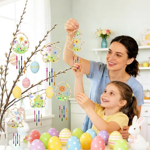 HGRGHH 12 Stück Ostern Deko Windspiel Bastelset Kinder, Holz Frühlingsdeko zum Aufhängen, Ostereier Osterhase Klangspiel Basteln zum Bemalen, Blumen, Schmetterlinge, Osterdeko für Mädchen Jungen