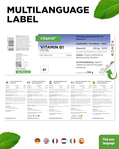 vit4ever Vitamin B1 (Thiamin) - 250 mg - 365 Tabletten - Premium: Thiamin Hydrochlorid - Hohe Bioverfügbarkeit - 12 Monatsvorrat - Ohne unerwünschte Zusätze - Vegan