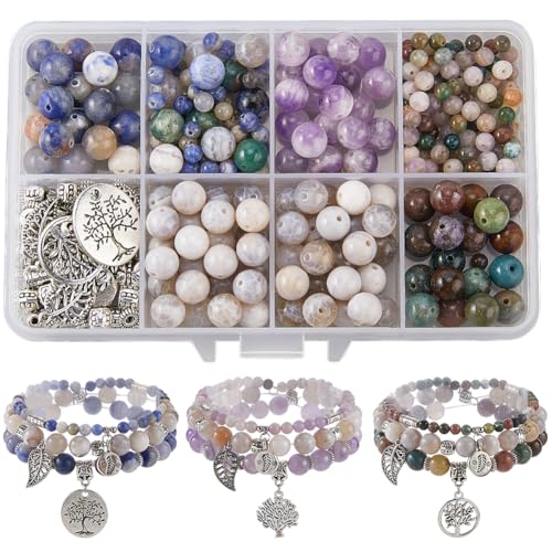 El Mejor Listado de Kits de fabricación de abalorios - los preferidos. 43 SUNNYCLUE 1 caja de 310 piezas de bricolaje 3 juegos de pulseras para hacer árbol de la vida, abalorio de hojas de piedras preciosas naturales, pulseras bohemias multicapas, para...