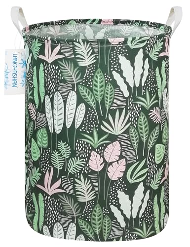 Image of Round Laundry Basket Collapsible Storage Hamper Organizer Full Leaf | Waterproof Canvas Foldable Baskets with sturdy Handles Multi-scene Organizer for Home Play Bedroom Gift Bin