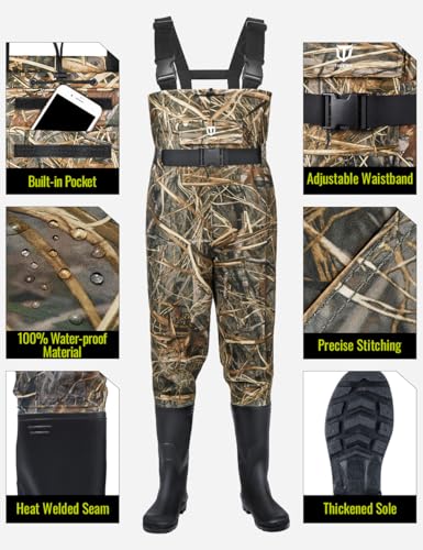 Image of TIDEWE Bootfoot Chest Wader, 2-Ply Nylon /PVC Waterproof Fishing Hunting Waders with Boot Hanger for Men Women Green Brown