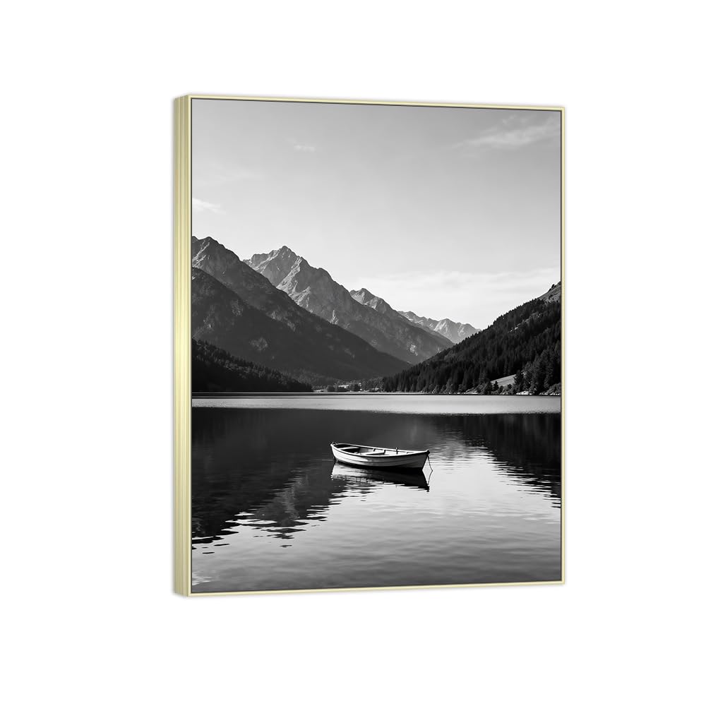 Lake Mountain 2 Black White Landscape Canvas Picture 50x65cm Silver Frame