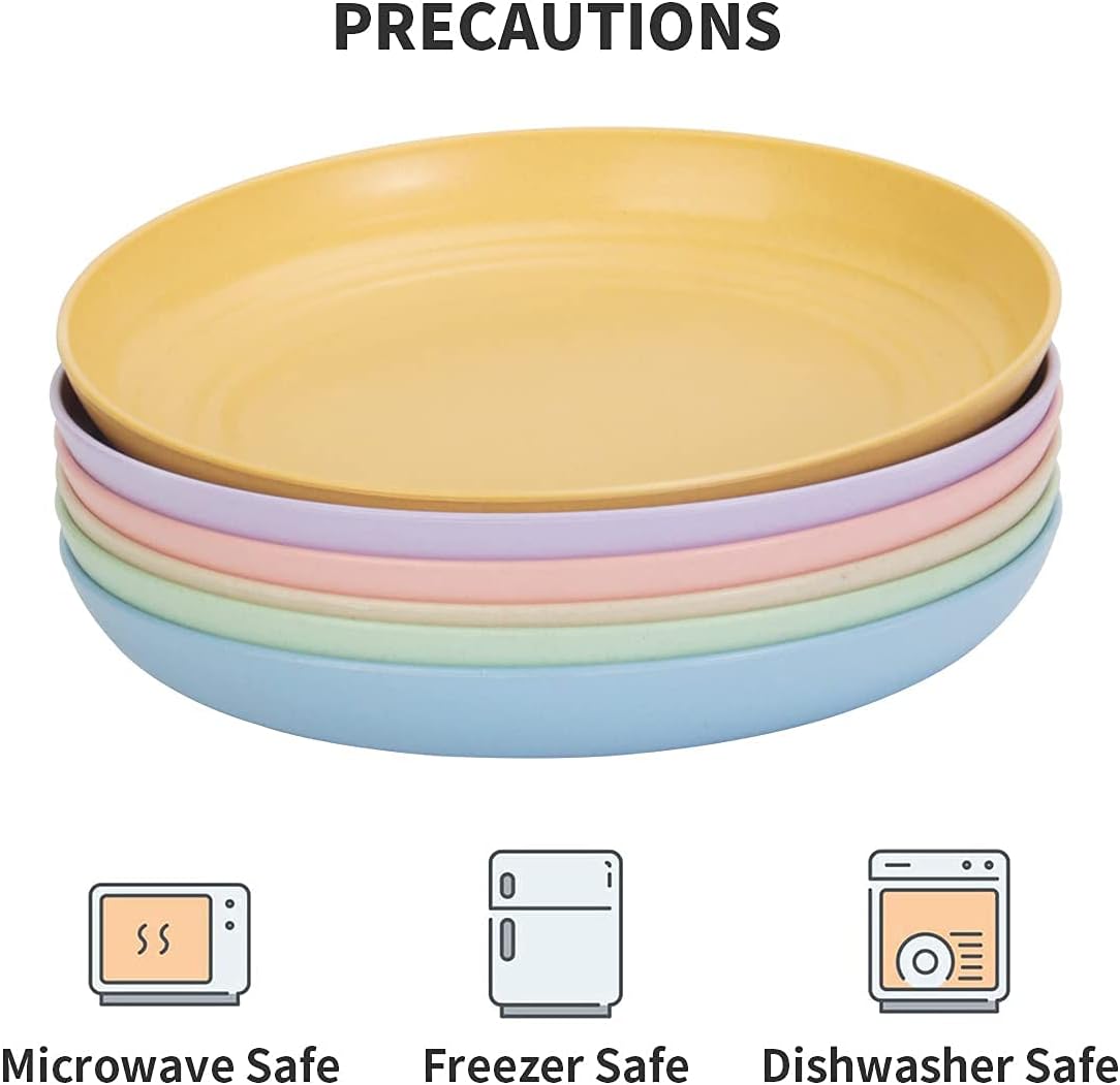 12 PACK 9 Inch Lightweight Wheat Straw Plates, Unbreakable Deep Kids Pates, Plastic Plates Reusable, Dinnerware Sets Gifts, Microwave & Dishwasher Safe, Camping Kitchen Party Use, BPA Free,6 Colors