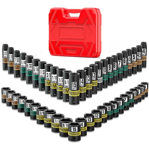 Image of 1 /4 inch Drive Impact Socket Set, 50-Piece Standard SAE (5 /32 inch - 9 /16 inch) and Metric (4 mm - 15 mm) Size, Deep and Shallow Sockets, Cr-V Steel, 6 Point, Auto Repair Bicycle Maintenance