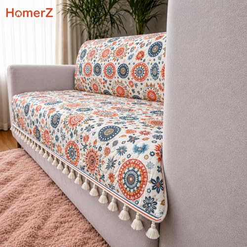 Image of Homerz Premium Printed Quilted Velvet Sofa Slip Cover Protector with Tassels, Sofa Mat, Exact Size, Antislip Cover (Mosaic, 5 (3+1+1) Seater, Full)