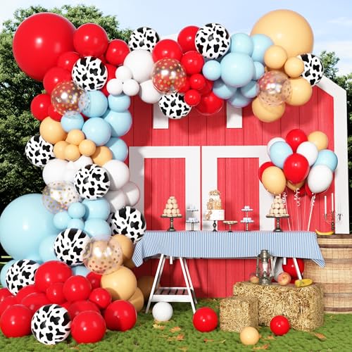 170Pcs Cowboy Western Balloons Arch Garland Kit Red and Blue Cow Print Balloons for Western Cowboy Cowgirl Farm Animal Themed Baby Shower Birthday Party Decorations Supplies