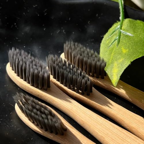 Image of Eco Friendly Bamboo Toothbrush Pack of 6 | Ultra Soft Charcoal Bristles | Biodegradable Wooden Toothbrush | Plastic Free Tooth Brush for Adults & Kids | Oral Care Set