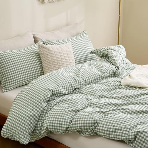 Image of TOCOMOA Green Gingham Duvet Cover Bedding Set 100% Washed Cotton Like Linen Feel Super Soft Comfortable 3 Piece Plaid Checkered Comforter Cover Set (California King 104 inchx98 inch, Comforter Not Included)