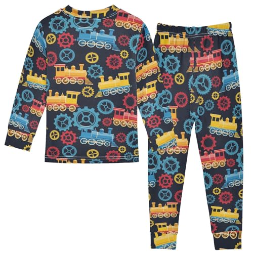 Pajama Sets Long Sleeve Colorful Train Wheels Gears Soft Comfy Sleepwear 2 Piece PJS 3-8T3