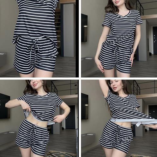 Image of Ekouaer Womens Pajama Sets Short Sleeve Pajamas for Women Sets Soft Lounge Sets Casual V Neck Sleepwear PJS