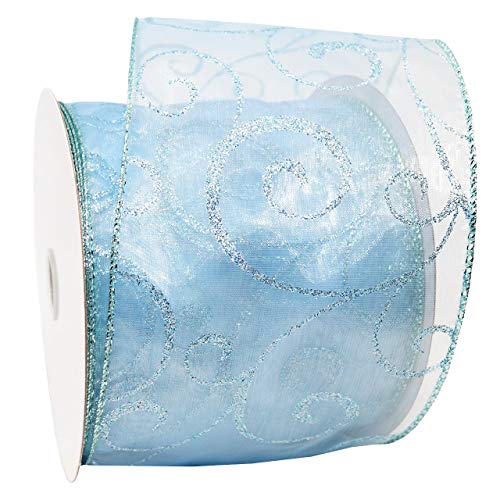 Morex Ribbon Wired Swirl Sheer Glitter Ribbons, Holiday Ribbon for Crafts and Christmas Decorations, Gift Wrapping, 4" x 25 yd, Ice Blue