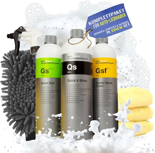 Koch Chemie Autopflegeset mit Green Star Gentle Snow Foam & Quick & Shine (3x1L). Inkl. 3 Mikrofasertücher Sprühkopf & Waschhandschuh für Auto Detailing.