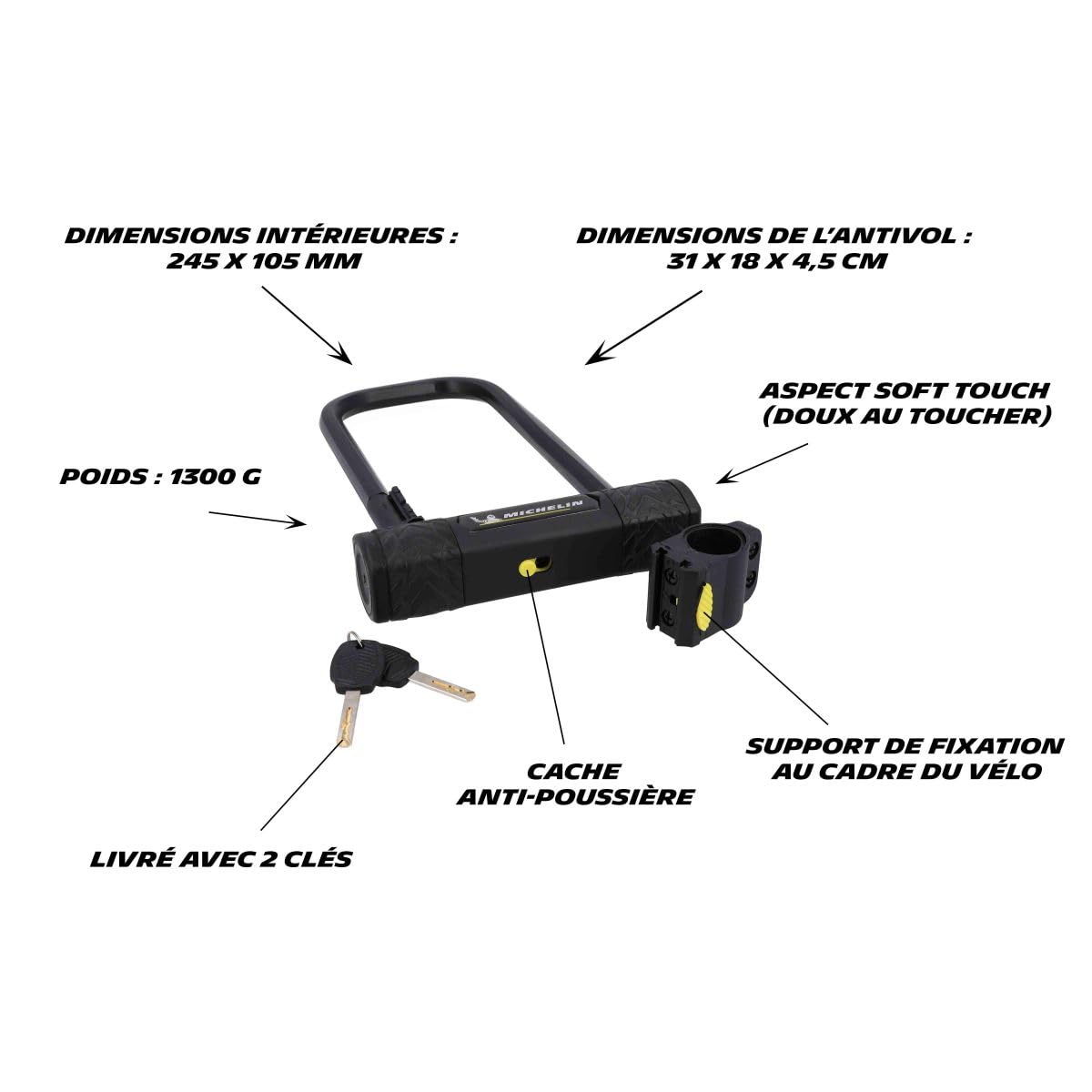 MICHELIN - Antivol U à Clés 245x105mm - Support Inclus - Protection Soft Touch - Cadenas Avec Couvercle Anti-Poussière - Compatible Tous Vélos - Sécurisez Cadre et Roue - Poids Léger 1,3kg