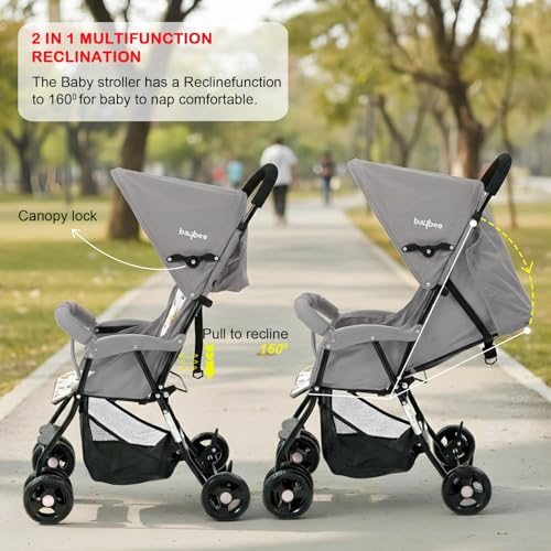 Image of Baybee Stroller Baby for Boy & Girl 0 to 3 Years | Foldable Strollers with Canopy, Parent Handle, 2-Position Adjustable Seat, 2-Point Safety Belt | Travel Pram for Kids (Grey)