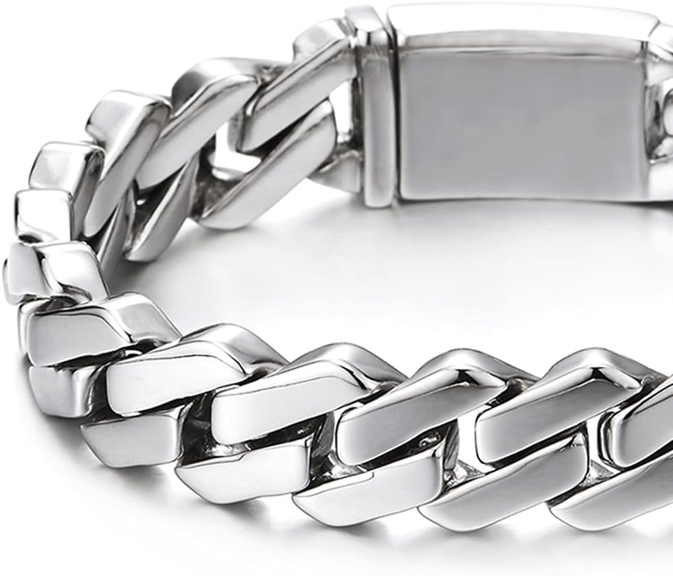 COOLSTEELANDBEYOND Hip Hop Men’s Stainless Steel Irregular Geometric Beveled Curb Chain Bracelet, Spring Box Clasp