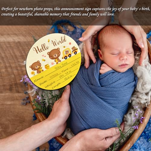 Image of Birth Announcement Sign Baby Name Nursery Decor Hello World | Round Wood Plaque with Bear Design, Custom Name Date Weight Length Great for Nursery Wall Baby Shower Gifts
